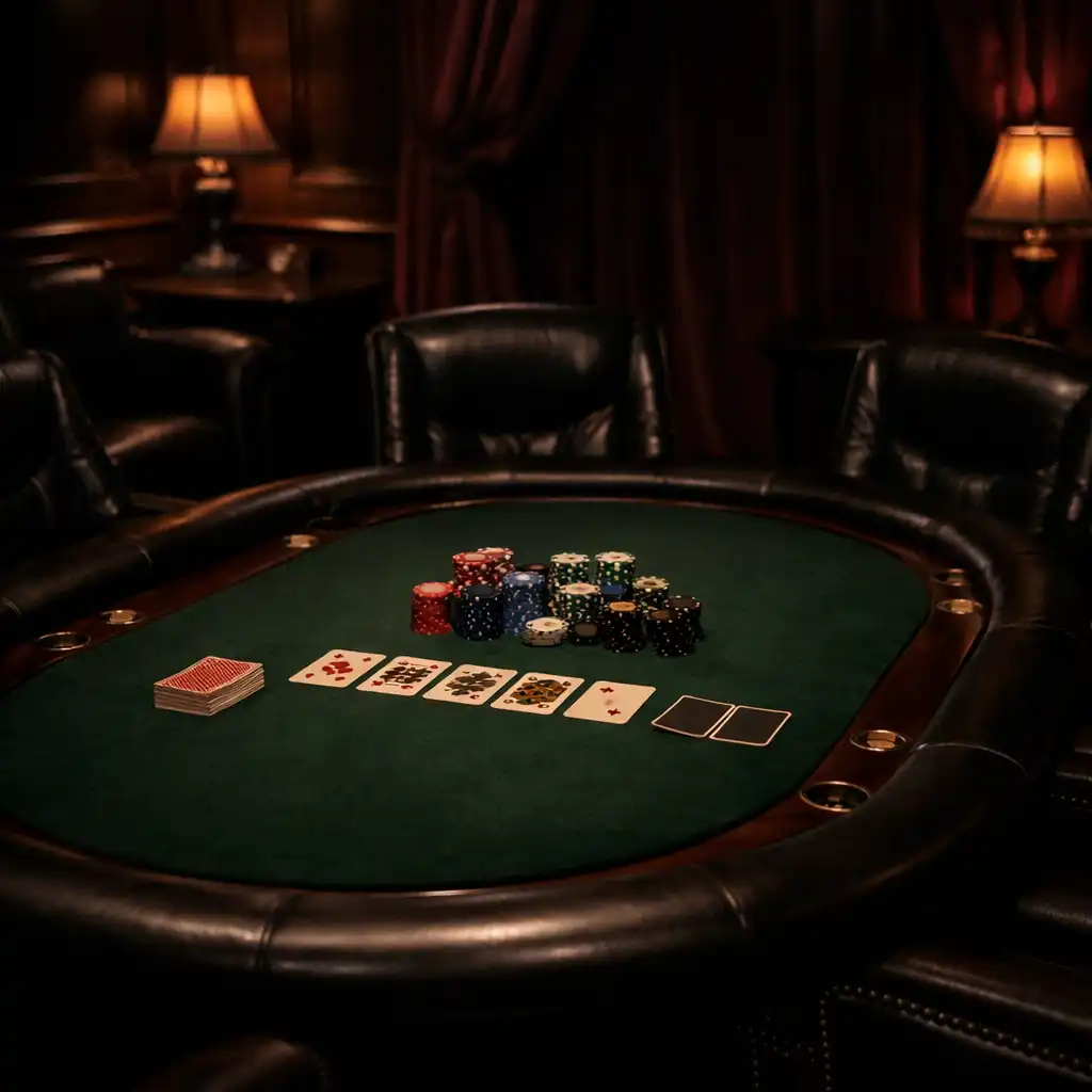 Card room s pokerovým stolem, žetony a koženými křesly