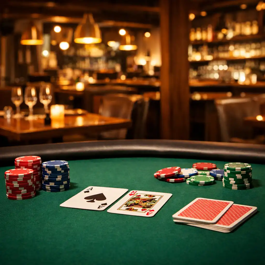 Pokerový stůl s žetony a kartami