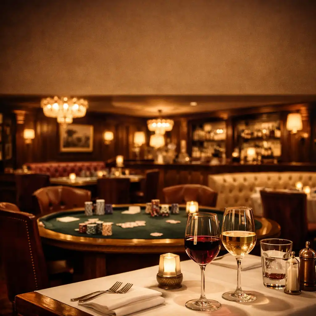 Interiér restaurace Heritage Supper Club s jídelním stolem a pokerovým stolem v pozadí