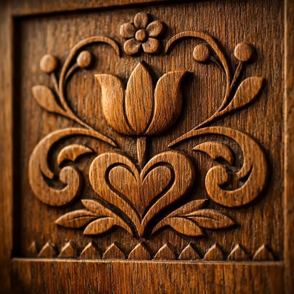 Detail vyřezávaného dřevěného panelu s minimalistickým ornamentem