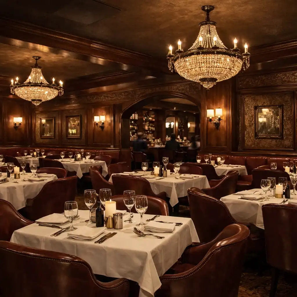 Hlavní sál restaurace s tmavým dubovým obložením a vínovým čalouněním