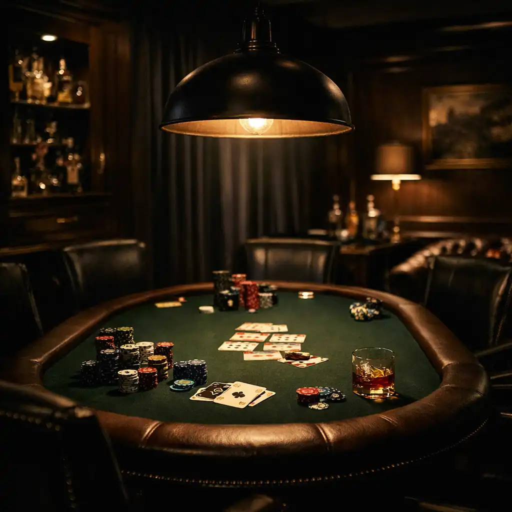 Skrytá card room s osvětleným pokerovým stolem a žetony