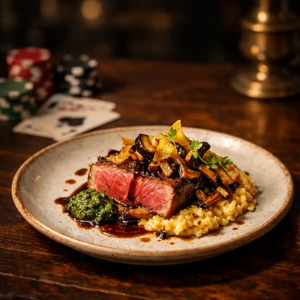 Elegantně naservírovaný pokrm na keramickém talíři v atmosféře Heritage Supper Club