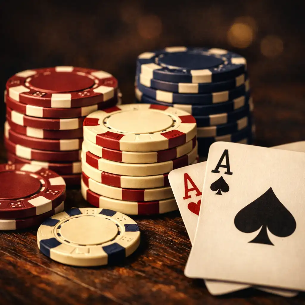 Detailní pohled na pokerové žetony a karty na tmavém dřevěném stole