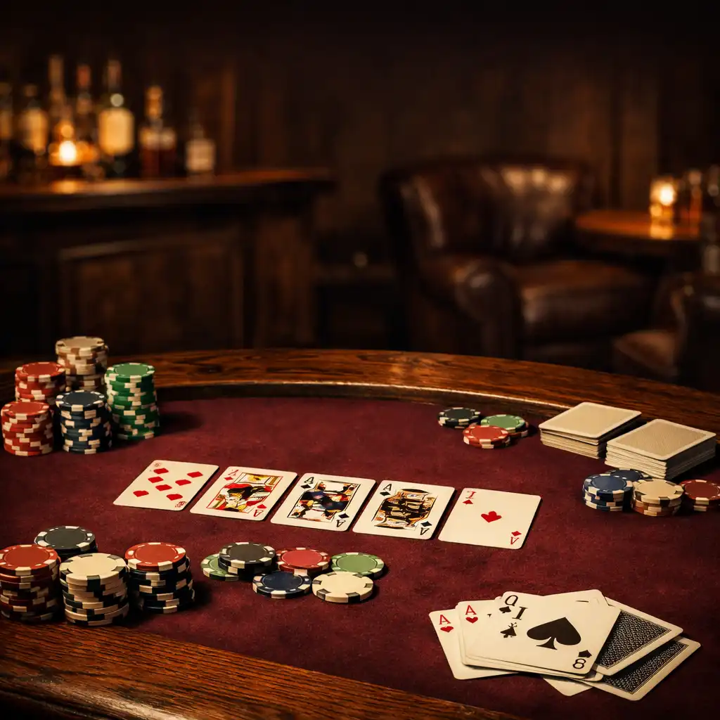 Atmosférický pohled na pokerový stůl s žetony a kartami v komorním salonu Heritage Supper Club
