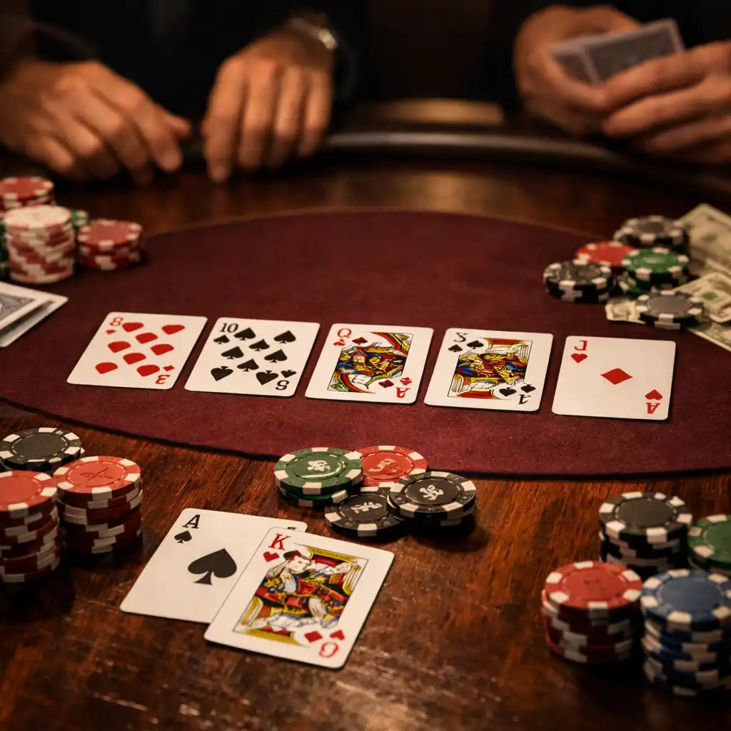 Detail pokerového stolu s rozloženými kartami a žetony