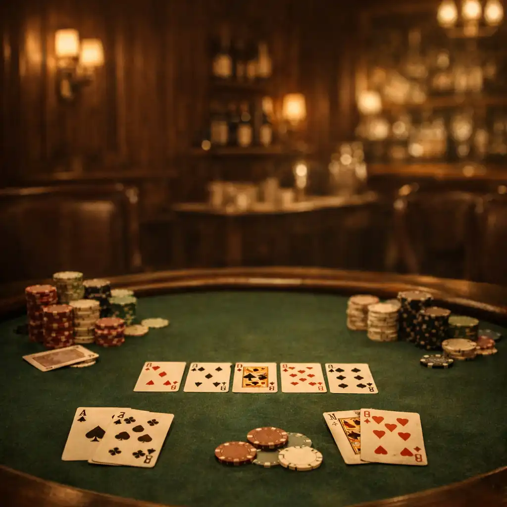 Pokerový stůl v Heritage Supper Club s kartami, žetony a intimním osvětlením