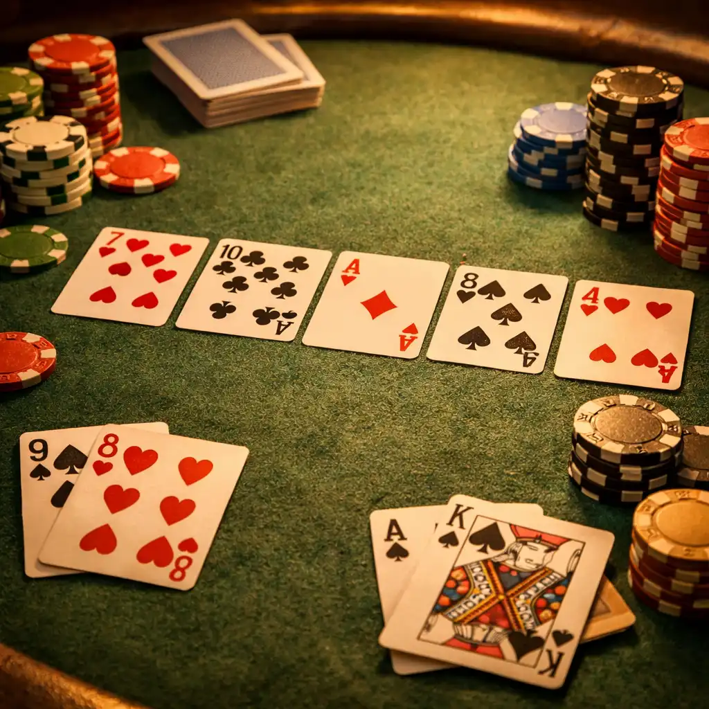 Detail pokerového stolu s rozdanými kartami a žetony