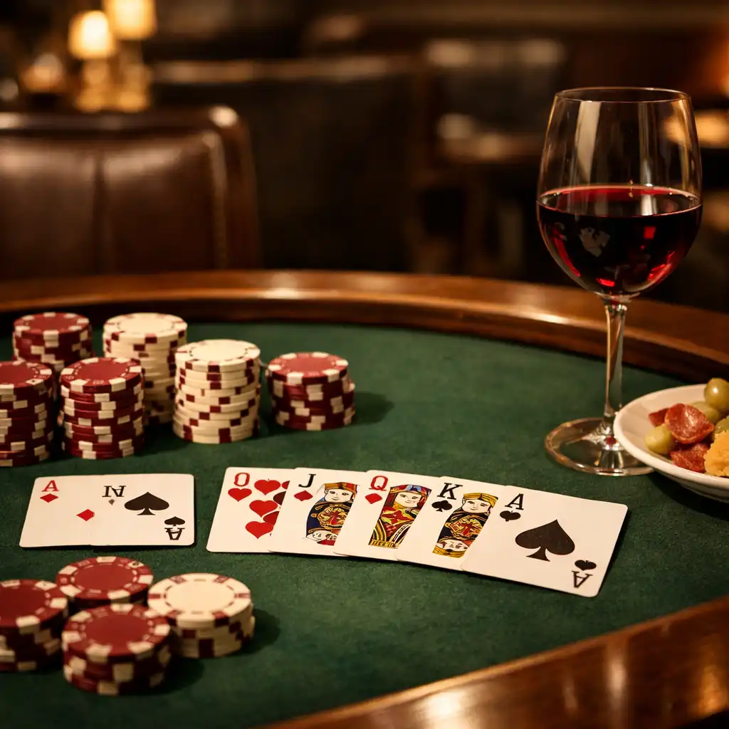 Pokerový stůl s kartami, žetony, sklenkou vína a občerstvením v teplém světle Heritage Supper Club
