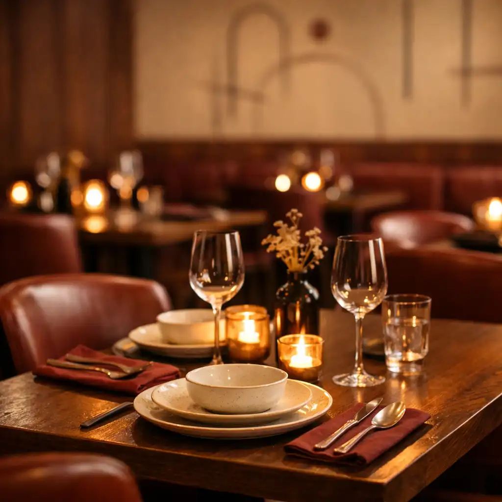 Prostřený stůl v restauraci Heritage Supper Club s keramickým nádobím a teplým osvětlením