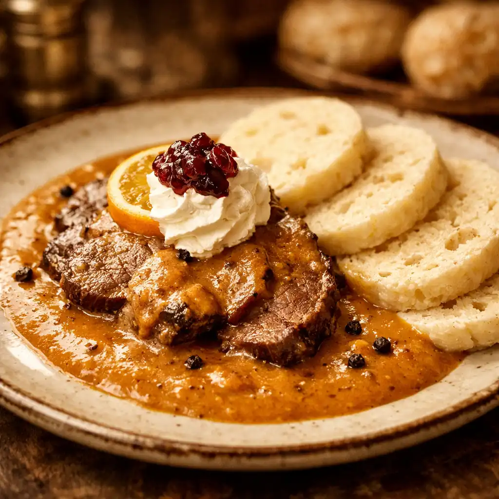 Typické české jídlo na keramickém talíři v restauraci Heritage Supper Club