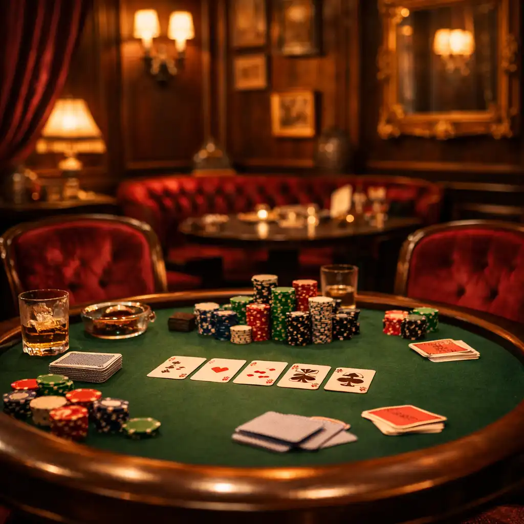 Soukromý salonek Heritage Supper Club s pokerovým stolem, žetony a kartami