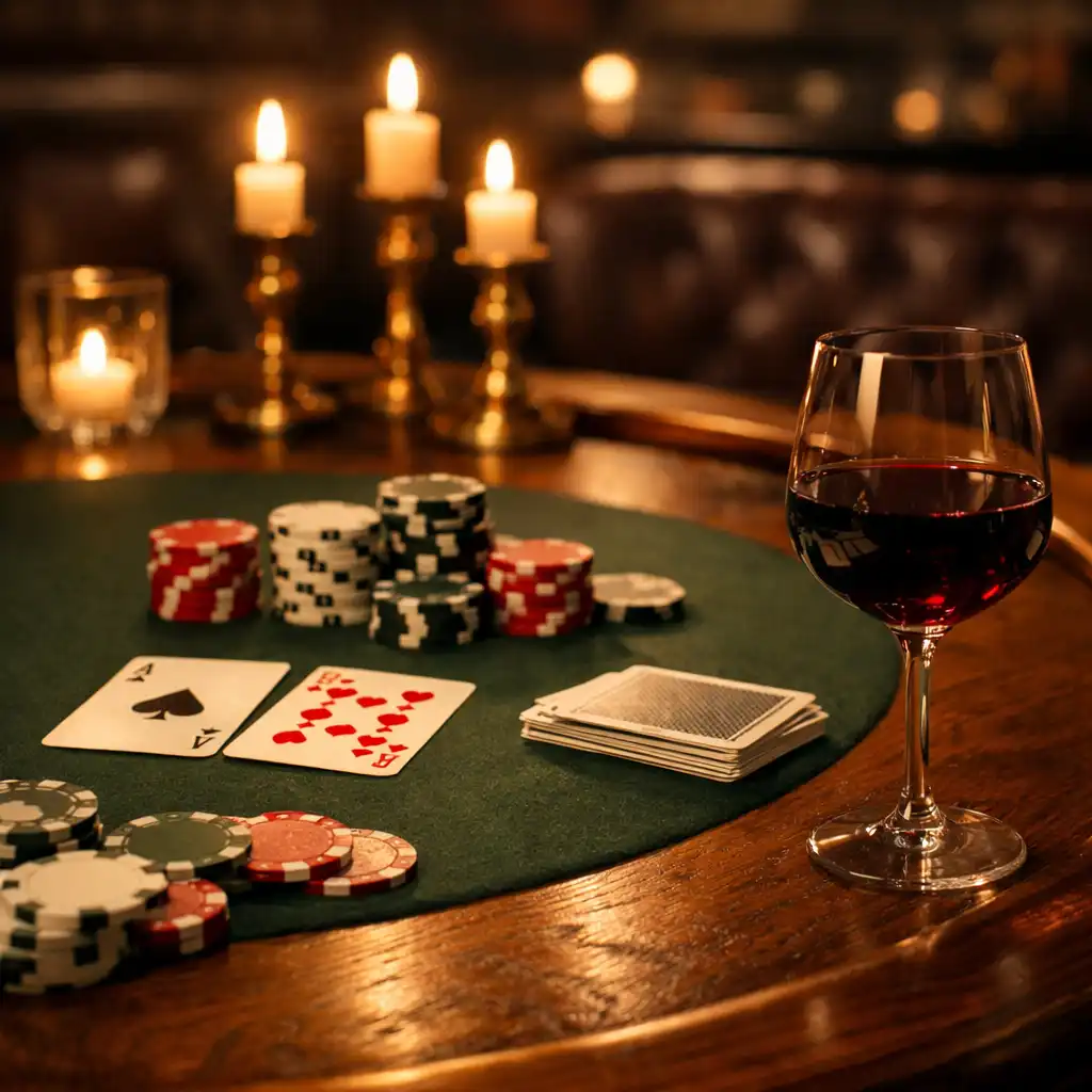 Pohled na pokerový stůl v Heritage Supper Club s žetony, kartami a sklenkou červeného vína